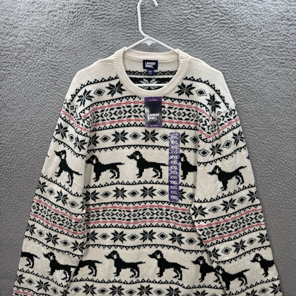 Lands End Sweater Adult XXL Multicolor Fair Isle Knit Crewneck Geometric Dog NEW - Picture 12 of 13
